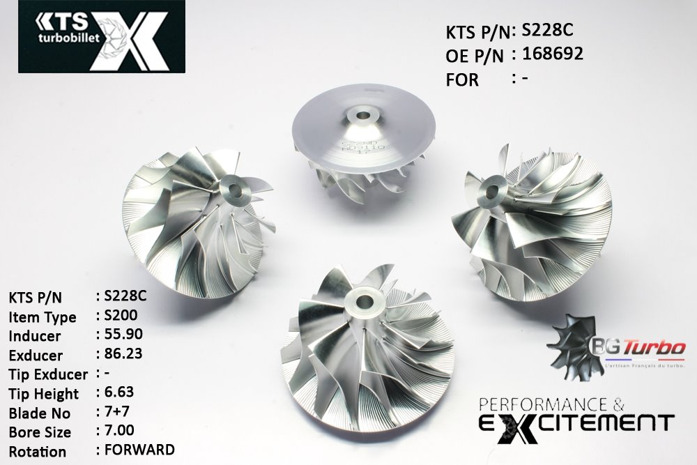 Turbo ROUE FORGÉE MFS PERFORMANCE - 7+7 PALES - INDUCER : 55,9 - EXDUCER : 76,233 - TYPE : S200ANGLE : 65° - ROTATION : Forward - SUPER BACK : 6,415 - BORE SIZE : 7
